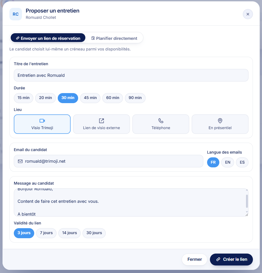 Meeti form to propose an interview from the candidate profile