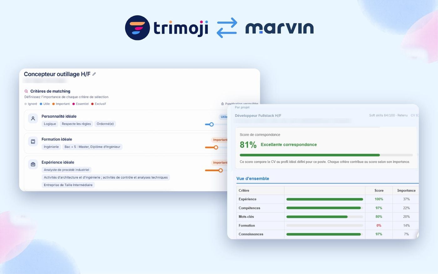 Ideal Personi profile and Trimoji CV match score in Marvin Recruiter