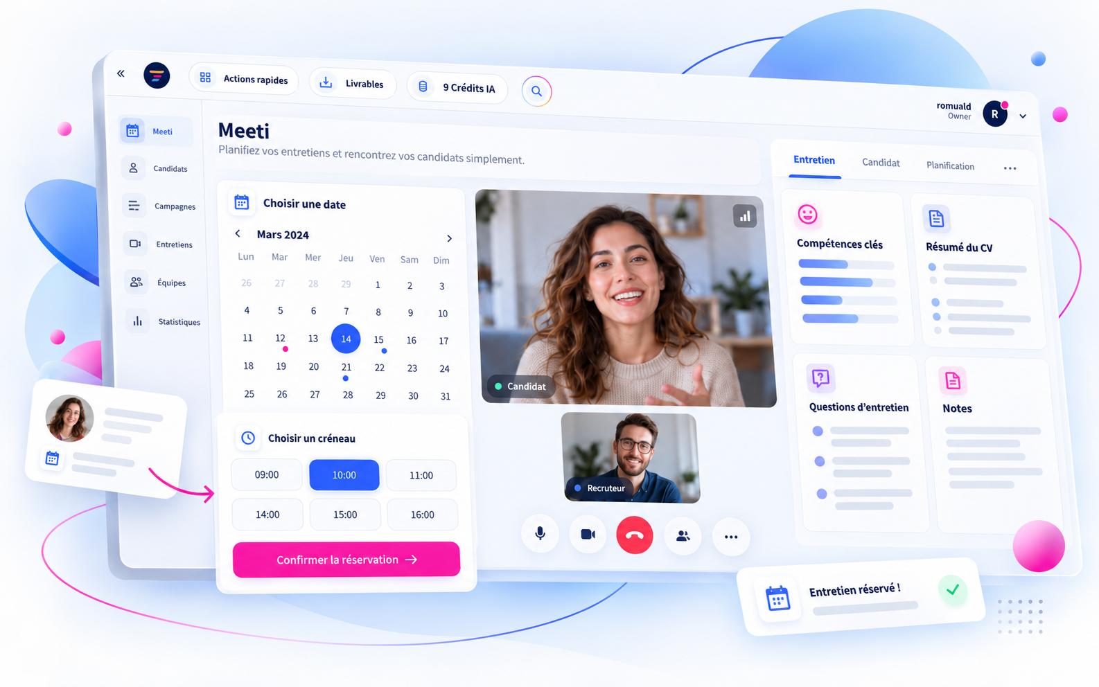 Meeti illustration within Trimoji branding: booking schedule and video conference between a candidate and a recruiter, with soft skills summary, CV, questions, and notes.