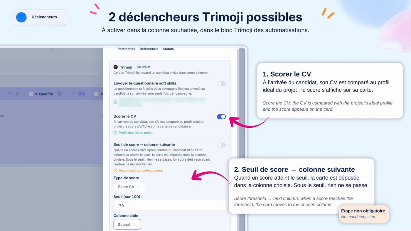 Trimoji CV Scoring Automation and Score Threshold in a Marvin Column