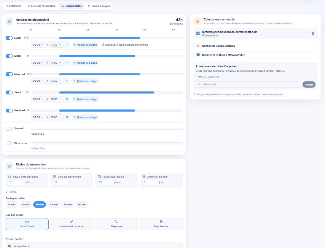 Meeti availability and connected calendar configuration
