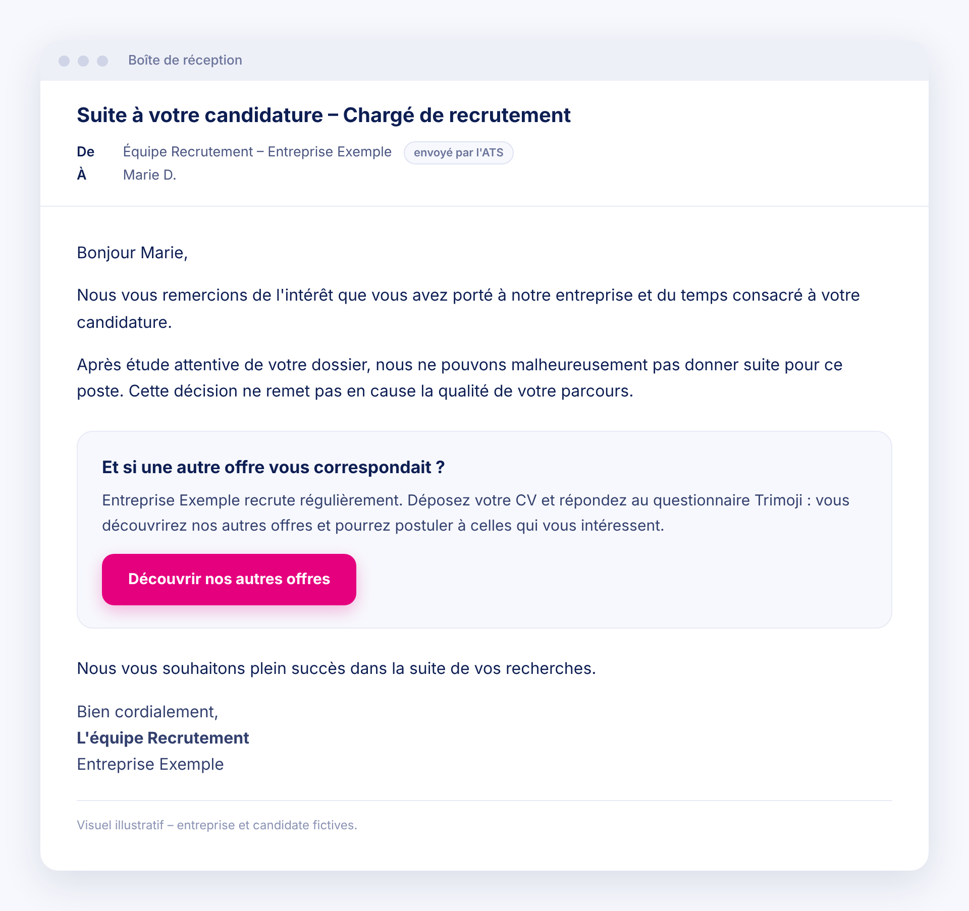 Example of a rejection email sent by the ATS, with a Trimoji link to the company's other openings